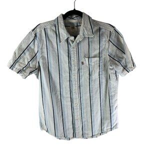 Levis Mens Button Up Shirt Cotton Linen Blend Short Sleeve Striped White Blue M